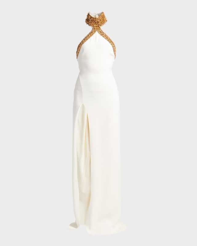 Embellished Mock-Neck Halter Slit-Hem Evening Gown